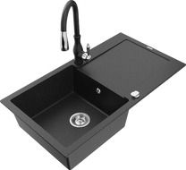 Mexen Leo fregadero de granito 1-cubeta con escurridor y grifo de cocina Savita, negro/plateado metálico - 6501-73-672601-70