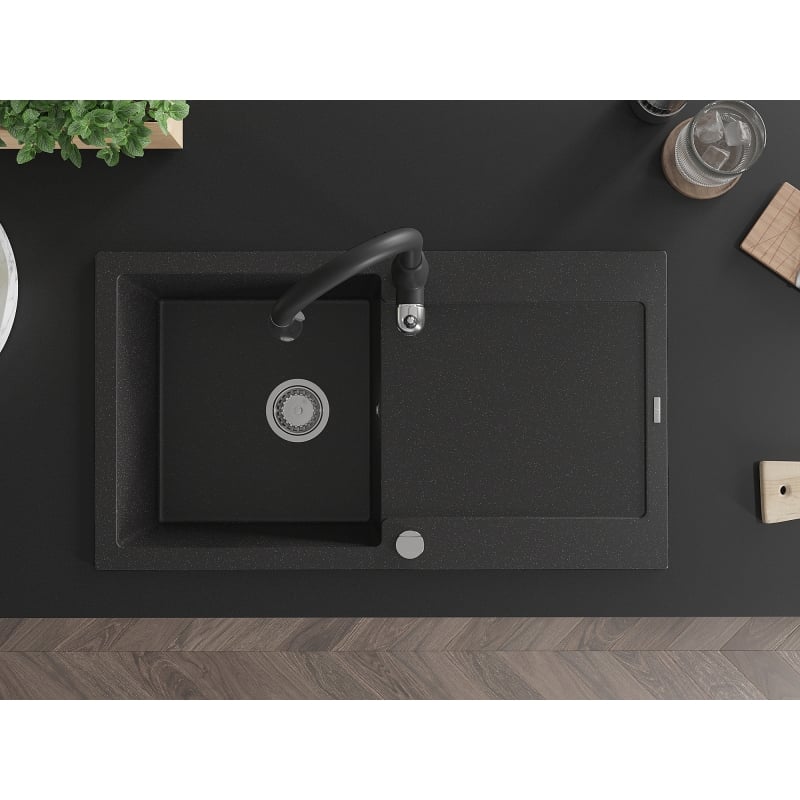 Mexen Leo granite kitchen sink 1-bowl with drainer and Savita kitchen faucet, black/silver metallic - 6501-73-672601-70