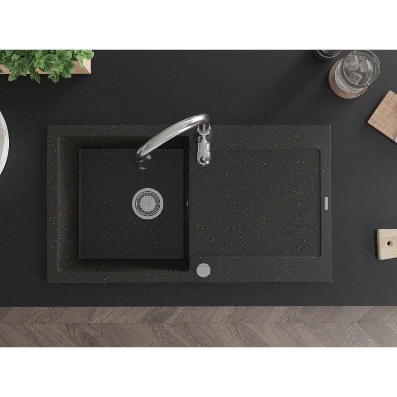 Mexen Leo granite sink 1-bowl with drainer and Savita kitchen tap, black/gold metallic - 6501-75-672601-00