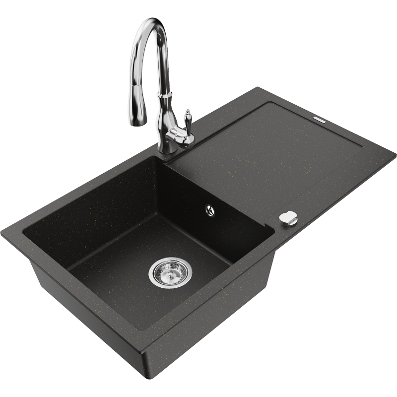 Mexen Leo fregadero de granito de 1 cubeta con escurridor y grifo de cocina Savita, negro/dorado metálico - 6501-75-672601-00