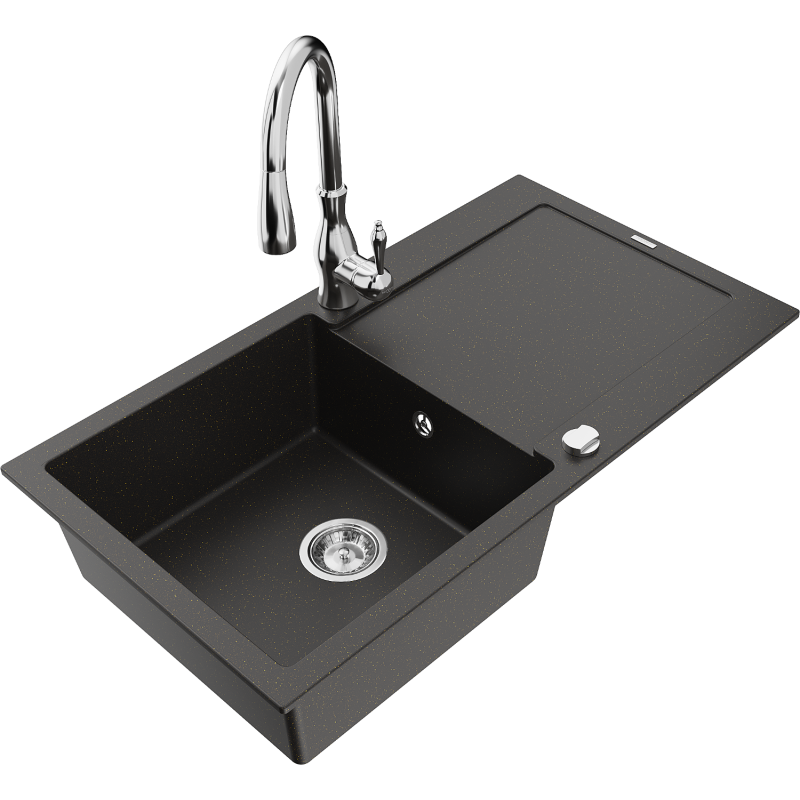 Mexen Leo granite sink 1-bowl with drainer and Savita kitchen tap, black/gold metallic - 6501-75-672601-00