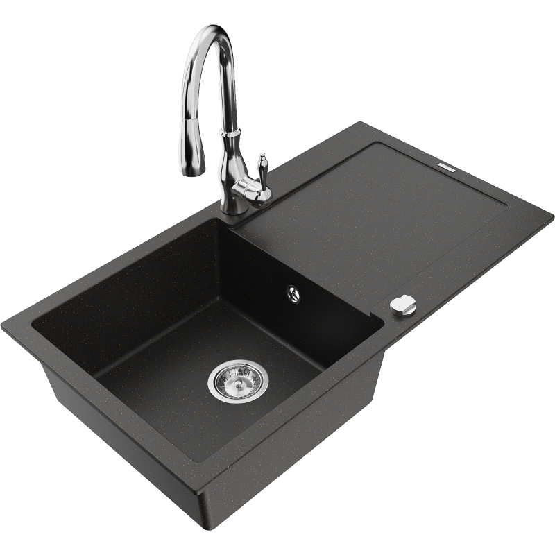 Mexen Leo lavatório de cozinha em granito de 1 bacia com escorredor e torneira Savita, preto/dourado metálico