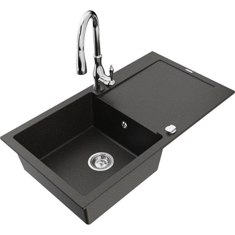 Mexen Leo lavello in granito a una vasca con sgocciolatoio e rubinetto da cucina Savita, nero/oro metallizzato