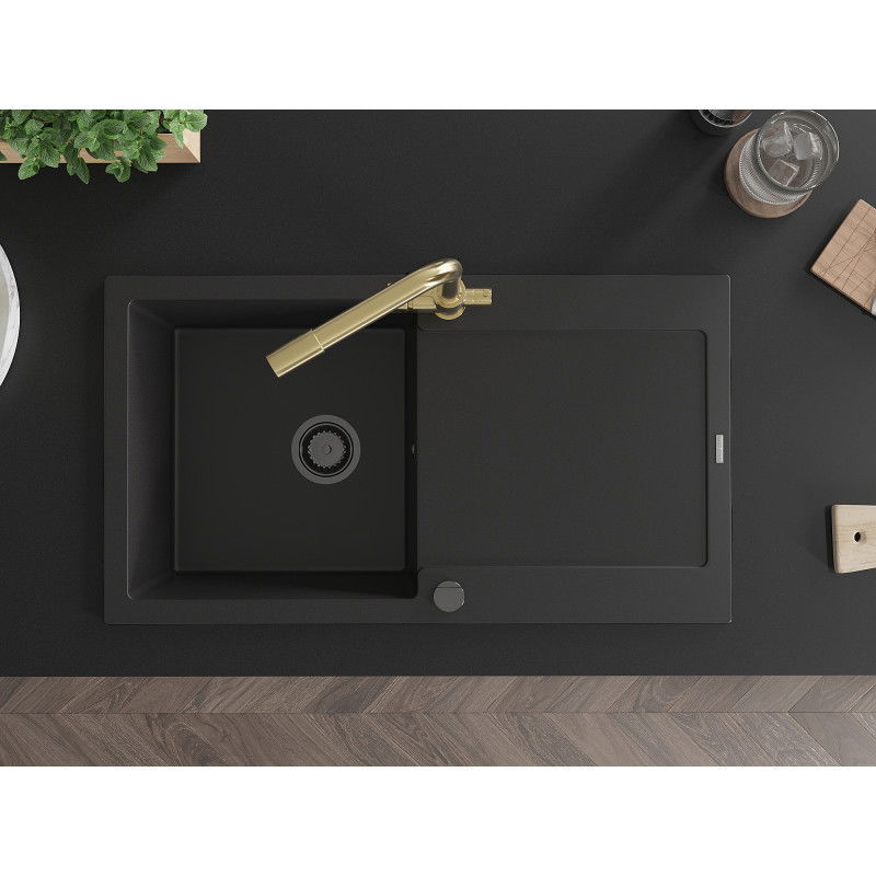 Mexen Leo 1-bowl Granite Sink with Drainer and Duero Kitchen Tap, Black - 6501-77-671600-50