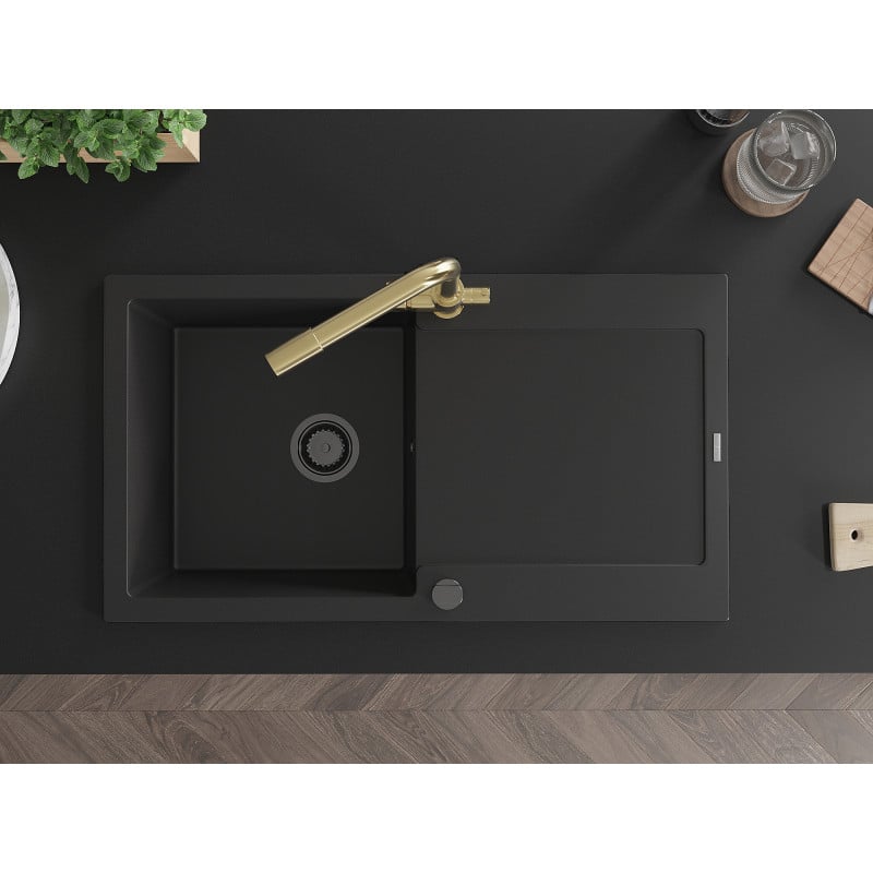 Mexen Leo fregadero de granito de 1 cubeta con escurridor y grifo de cocina Duero, negro - 6501-77-671600-50