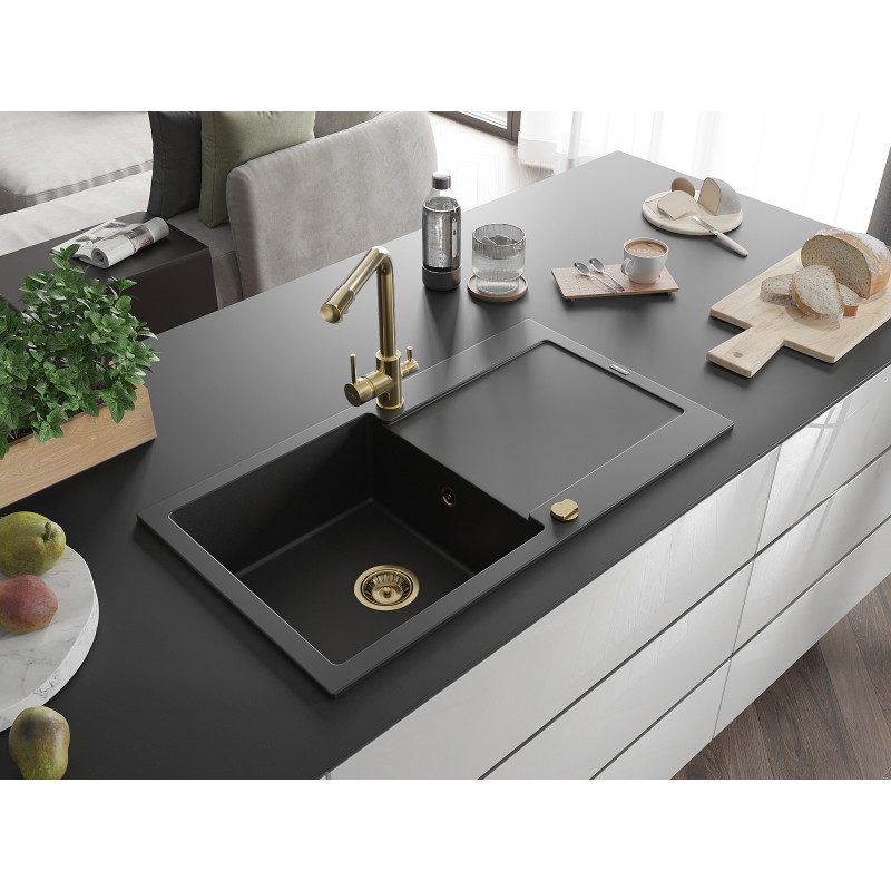 Mexen Leo fregadero de granito de 1 compartimento con escurridor y grifo de cocina Duero, negro - 6501-77-671600-50