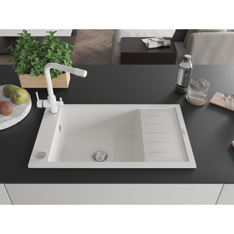 Mexen Elias fregadero de granito de 1 seno con escurridor y grifo de cocina Duero, blanco - 6511-20-671600-20