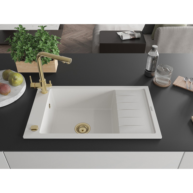 Mexen Elias fregadero de granito de 1 cubeta con escurridor y grifería de cocina Duero, blanco - 6511-20-671600-50