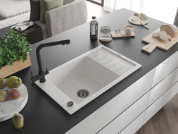 Mexen Elias granite kitchen sink 1-bowl with drainer and kitchen faucet Duero, white - 6511-20-671600-70