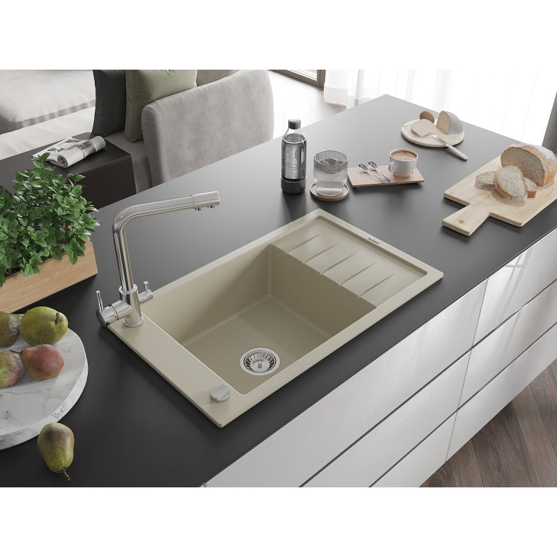Mexen Elias fregadero de granito de 1 seno con escurridor y grifo de cocina Duero, beige - 6511-69-671600-00
