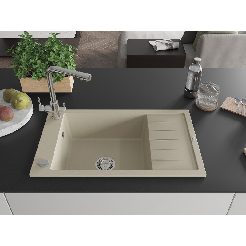Mexen Elias fregadero de granito de un seno con escurridor y grifo de cocina Duero, beige - 6511-69-671600-00