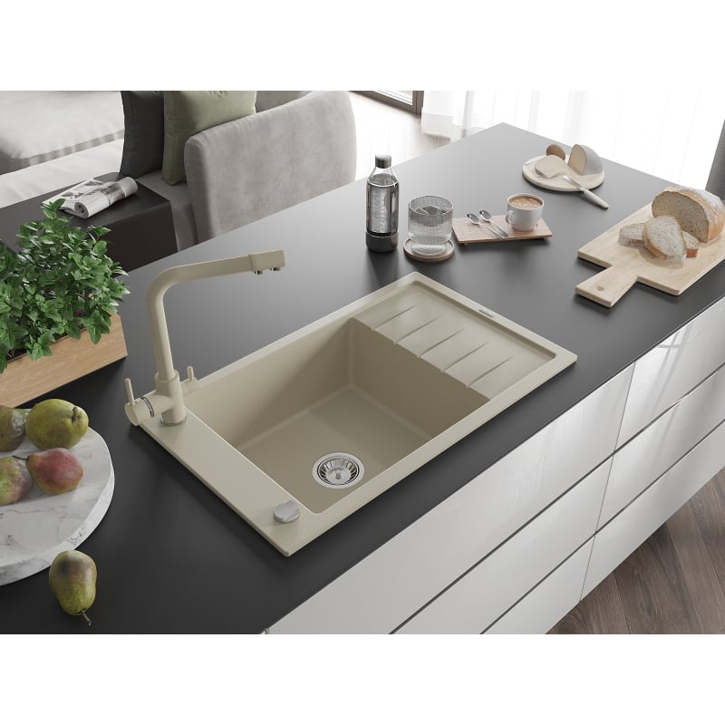 Mexen Elias granitische spoelbak met 1 bak met afdruiprek en keukenkraan Duero, beige - 6511-69-671600-69