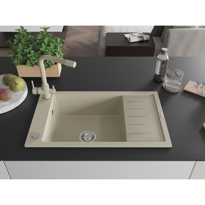Mexen Elias fregadero de granito de 1 cubeta con escurridor y grifo de cocina Duero, beige - 6511-69-671600-69