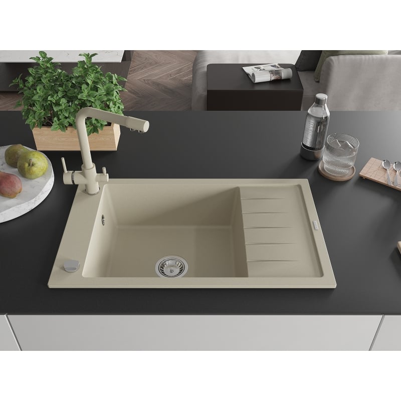 Mexen Elias granitische spoelbak met 1 bak met afdruiprek en keukenkraan Duero, beige - 6511-69-671600-69