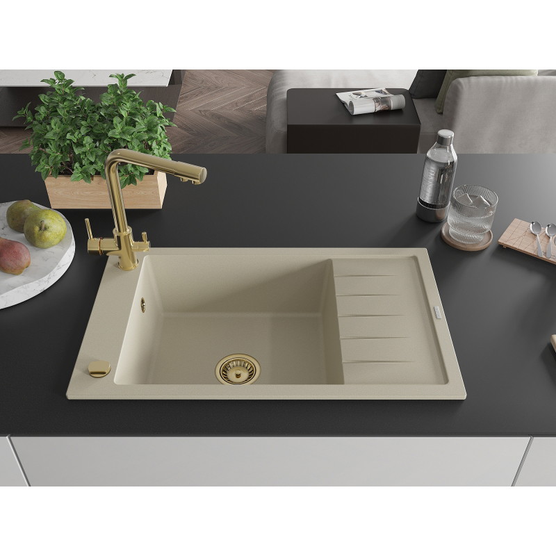 Mexen Elias fregadero de granito 1 seno con escurridor y grifo de cocina Duero, beige - 6511-69-671600-50