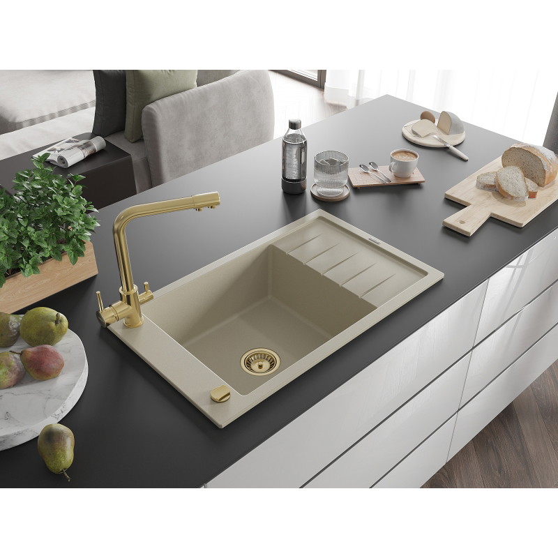 Mexen Elias Granitspüle 1-Becken mit Abtropffläche und Küchenarmatur Duero, beige - 6511-69-671600-50