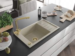 Mexen Elias granite kitchen sink 1-bowl with drainer and Duero kitchen faucet, beige - 6511-69-671600-50