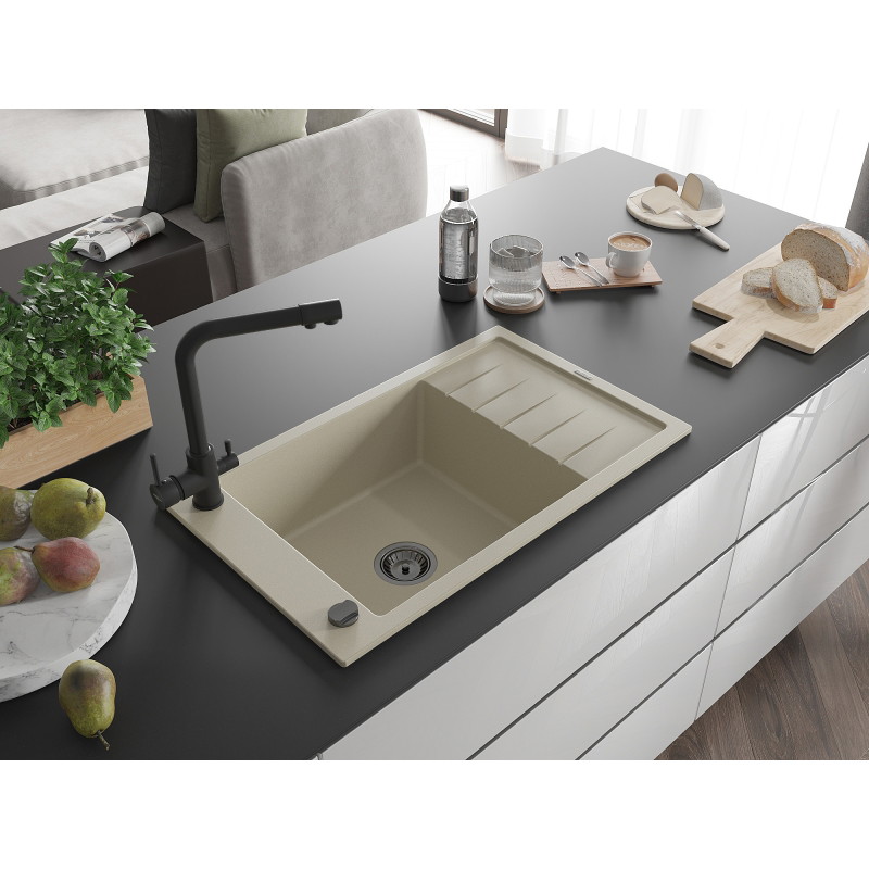 Mexen Elias granieten gootsteen 1-kamer met druiprek en keukenmengkraan Duero, beige - 6511-69-671600-70