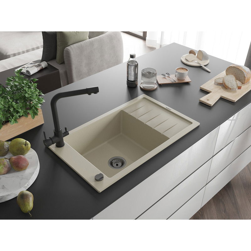 Mexen Elias lavello in granito a 1 vasca con scolapiatti e rubinetto da cucina Duero, beige - 6511-69-671600-70
