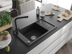 Mexen Elias granieten gootsteen 1-kompartiment met afdruiprek en keukenkraan Duero, zwart/zilver metallic - 6511-73-671600-70
