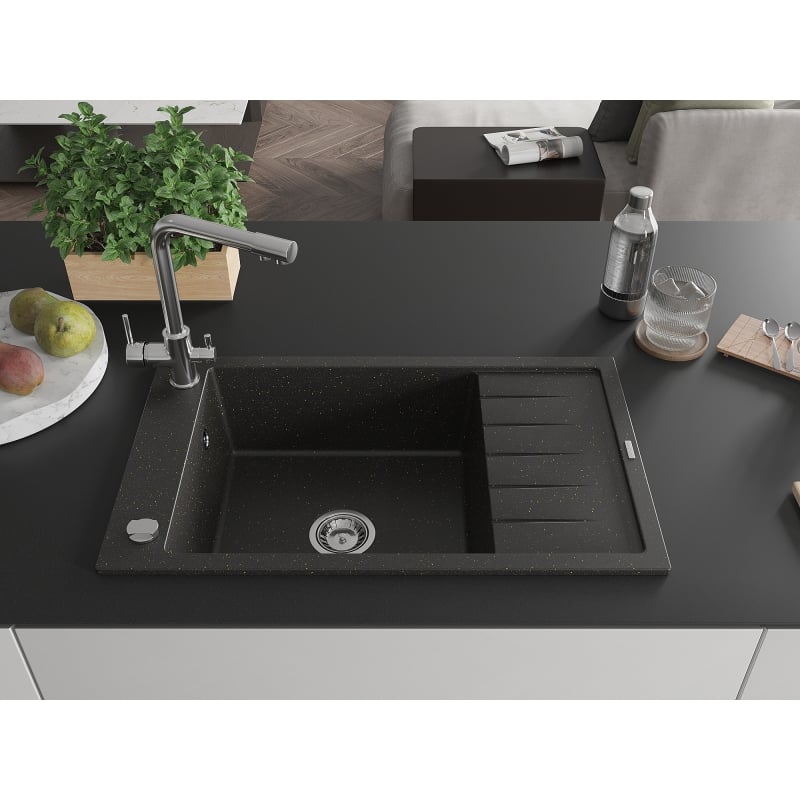 Mexen Elias granite single-bowl sink with drainer and Duero kitchen faucet, black/gold metallic - 6511-75-671600-00