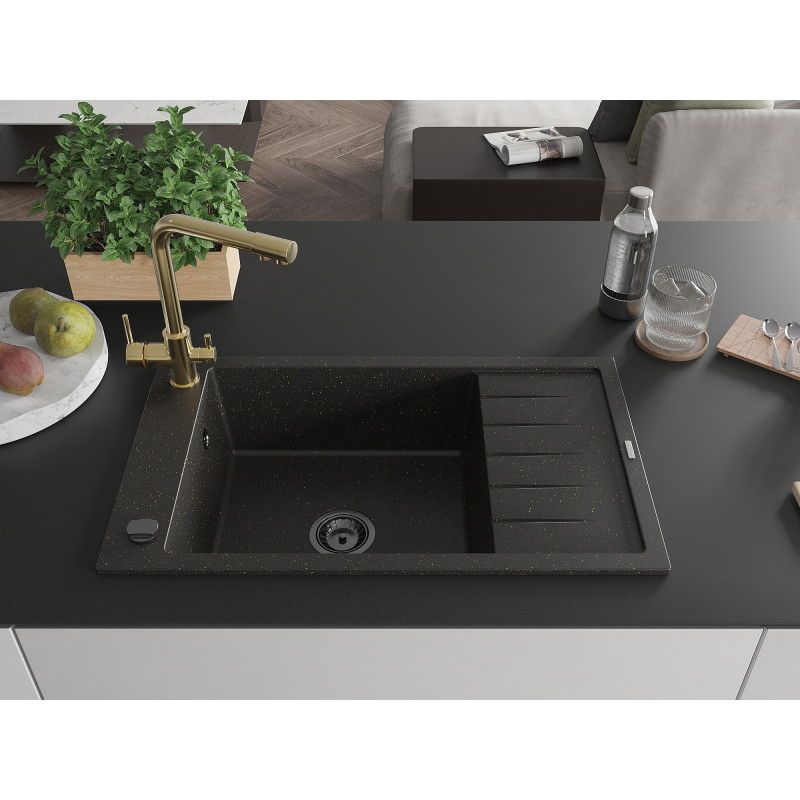 Mexen Elias lavello in granito a 1 vasca con scolapiatti e rubinetto da cucina Duero, nero/oro metallizzato
