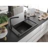 Mexen Elias Granitspüle mit 1 Becken, Abtropffläche und Küchenarmatur Duero, schwarz/goldenes Metallik - 6511-75-671600-70-B
