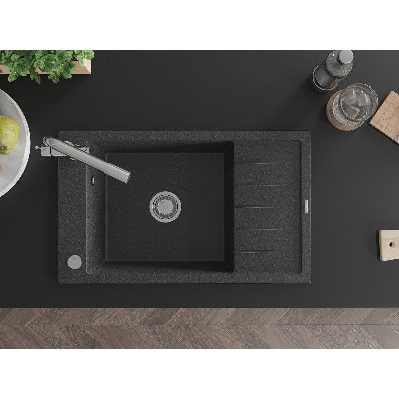 Mexen Elias Granit-Spüle 1-Becken mit Abtropffläche und Küchenarmatur Duero, schwarz gesprenkelt - 6511-76-671600-00