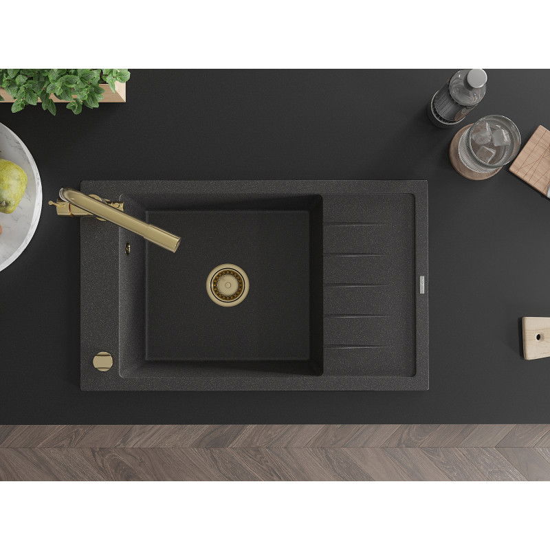 Mexen Elias granite kitchen sink 1-bowl with drainer and Duero kitchen tap, black speckled - 6511-76-671600-50
