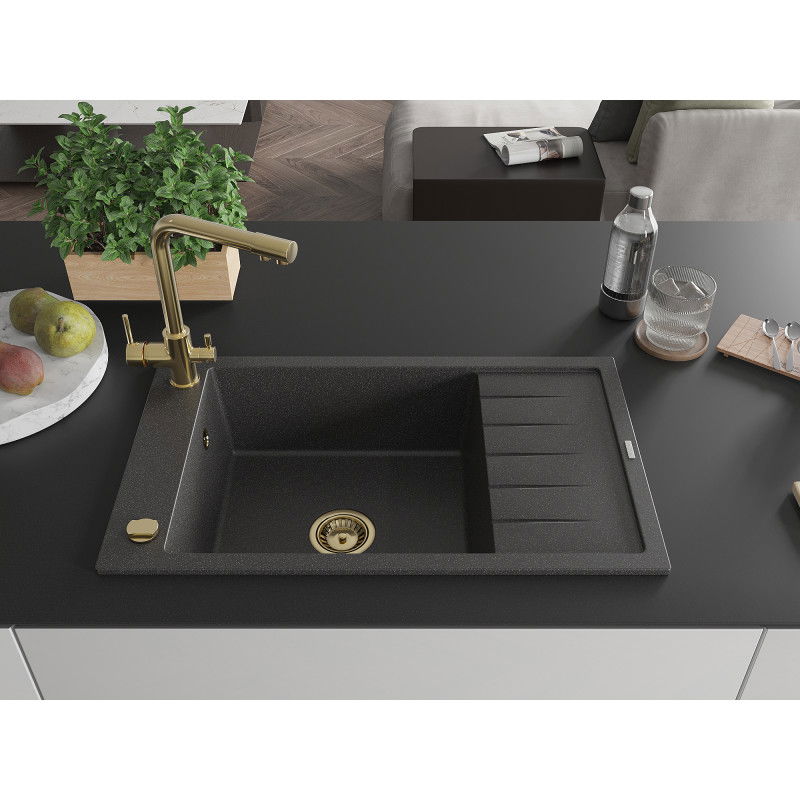Mexen Elias granite kitchen sink 1-bowl with drainer and Duero kitchen tap, black speckled - 6511-76-671600-50