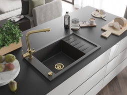 Mexen Elias granite kitchen sink 1-bowl with drainer and Duero kitchen tap, black speckled - 6511-76-671600-50
