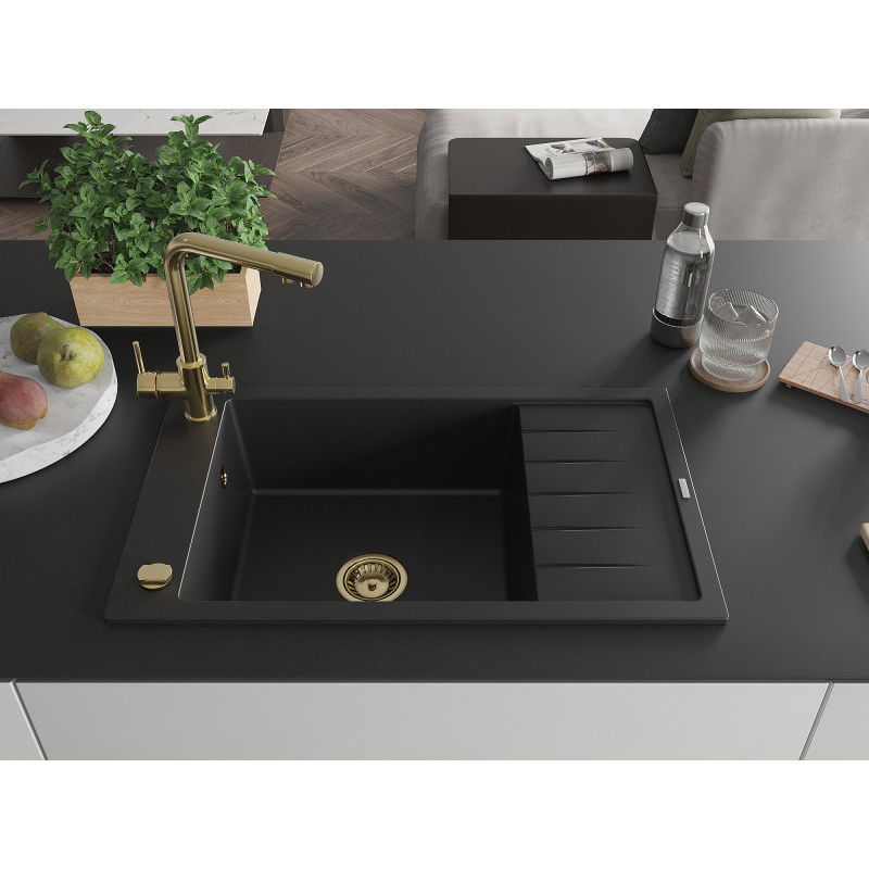 Mexen Elias granite sink 1-bowl with draining board and Duero kitchen tap, black - 6511-77-671600-50