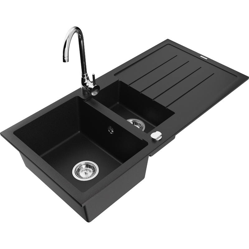 Mexen Andres fregadero de granito 1,5 senos con escurridor y grifo de cocina Telma, negro - 6515-77-670200-00