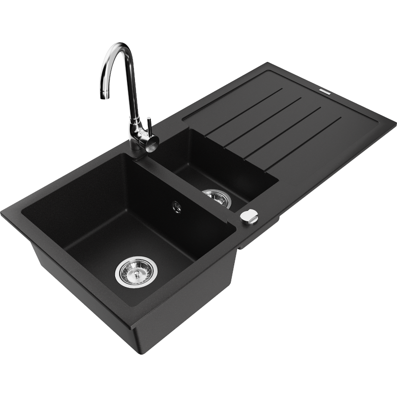 Mexen Andres granite sink 1.5-bowl with drainer and Telma kitchen tap, black - 6515-77-670200-00
