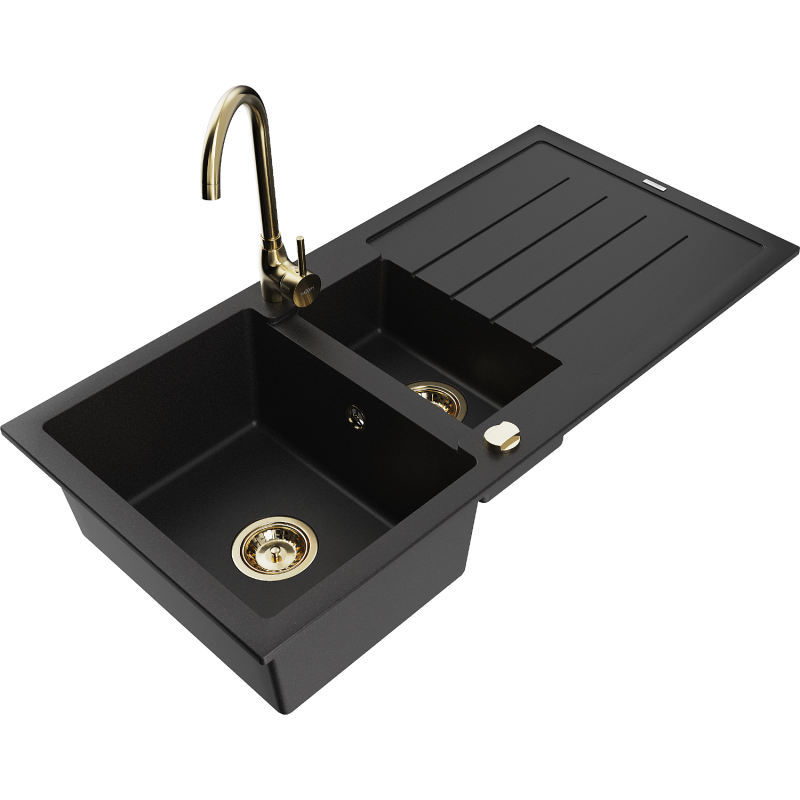 Mexen Andres granitische gootsteen 1,5-kamer met afdruiprek en keukenkraan Telma, zwart - 6515-77-670200-50