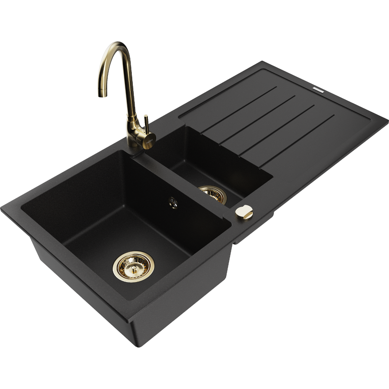 Mexen Andres lavello in granito 1,5 vasche con gocciolatoio e miscelatore da cucina Telma, nero - 6515-77-670200-50