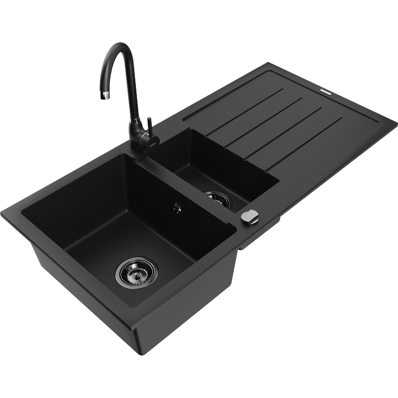 Mexen Andres fregadero de granito de 1,5 cuencas con escurridor y grifo de cocina Telma, negro - 6515-77-670200-70-B