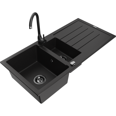 Mexen Andres fregadero de granito de 1,5 cuencas con escurridor y grifo de cocina Telma, negro - 6515-77-670200-70-B
