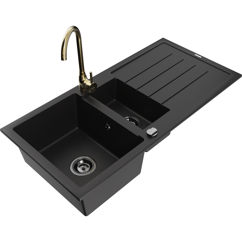 Mexen Andres fregadero de granito de 1,5 senos con escurridor y grifo de cocina Telma, negro - 6515-77-670200-50-B