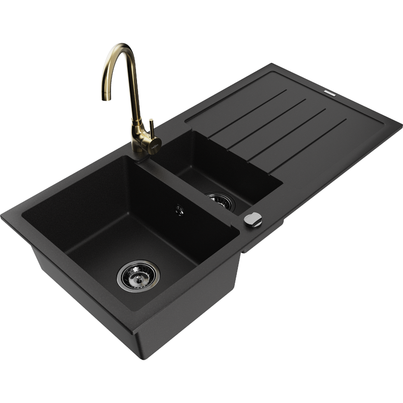 Mexen Andres granit izlietne ar 1,5 kameru un noteces vietu, ar virtuves jaucējkrānu Telma, melna - 6515-77-670200-50-B