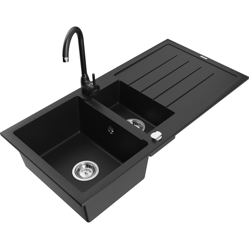 Mexen Andres 1.5-bowl granite sink with drainer and Telma kitchen tap, black - 6515-77-670200-70