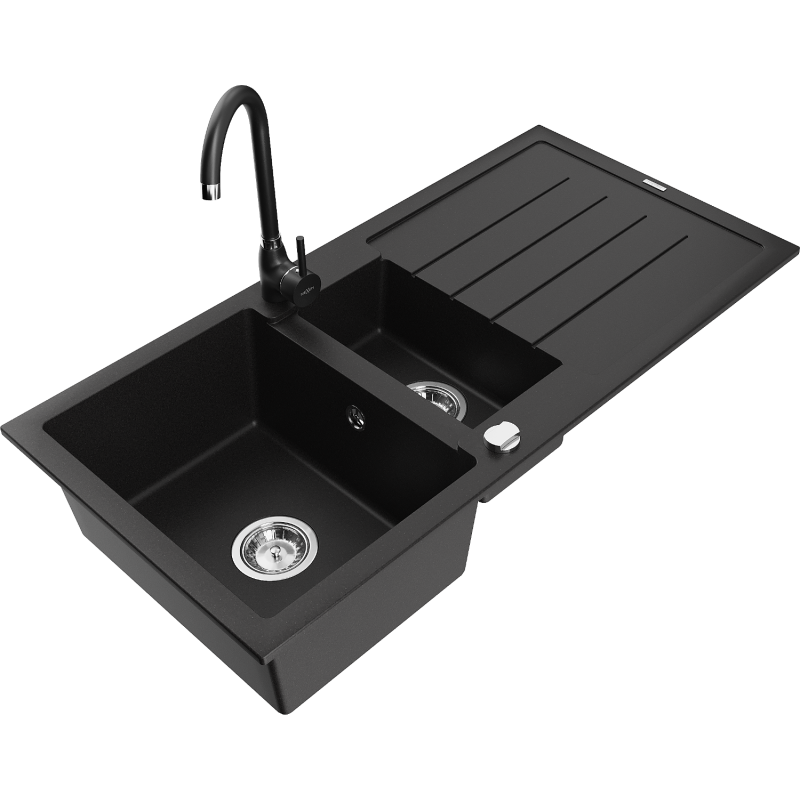 Mexen Andres fregadero de granito de 1,5 senos con escurridor y grifo de cocina Telma, negro - 6515-77-670200-70