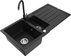 Mexen Andres fregadero de granito de 1,5 senos con escurridor y grifo de cocina Telma, negro - 6515-77-670200-70