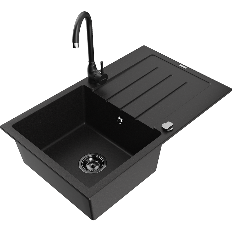 Mexen Bruno granit Spullsteen mat Eng 1-Kummer mat Ofdrocker an mat Kichekrunn Telma, schwaarz - 6513-77-670200-70-B