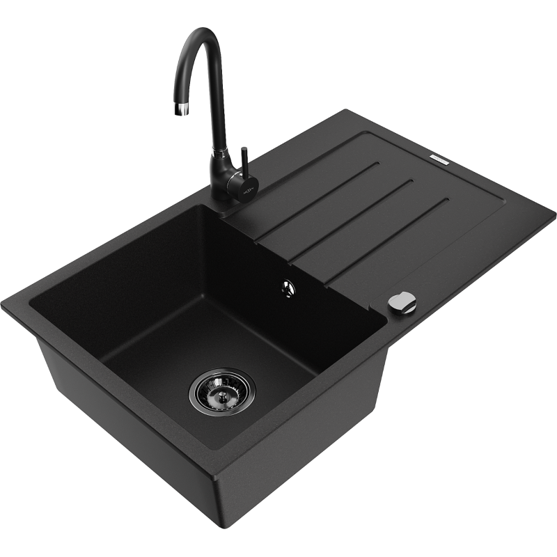 Mexen Bruno granite sink 1-bowl with drainer and Telma kitchen tap, black - 6513-77-670200-70-B