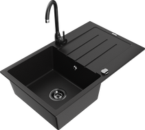 Mexen Bruno fregadero de granito de 1 cuenco con escurridor y grifo de cocina Telma, negro - 6513-77-670200-70-B