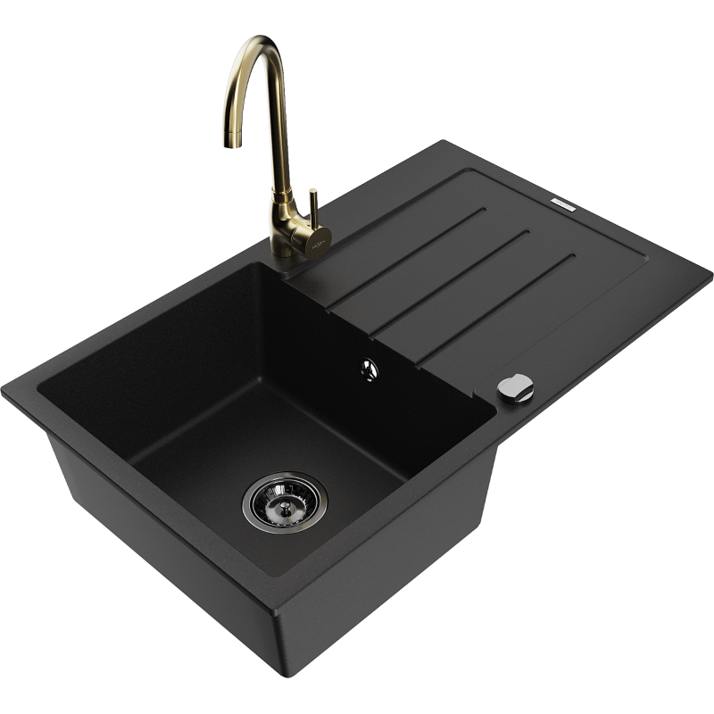 Mexen Bruno fregadero de granito 1-cubeta con escurridor y grifo de cocina Telma, negro - 6513-77-670200-50-B