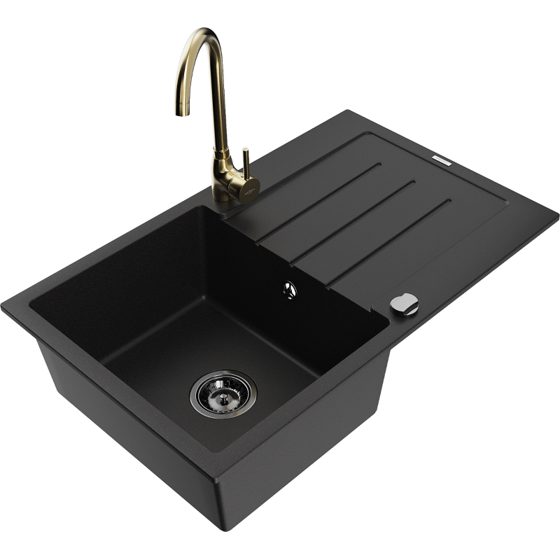 Mexen Bruno lava-louça de granito de 1 cuba com escorredor e torneira Telma, preto - 6513-77-670200-50-B