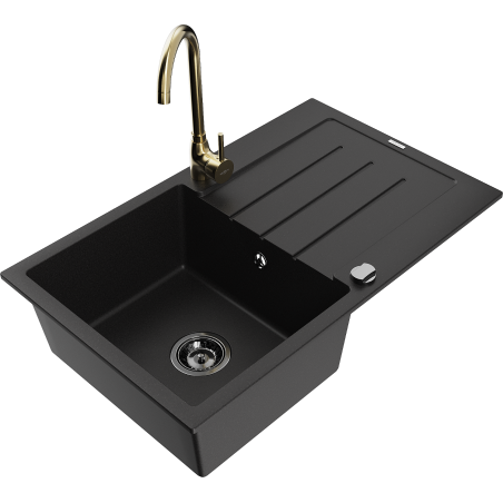 Mexen Bruno 1-bowl granite sink with drainer and Telma kitchen tap, black - 6513-77-670200-50-B