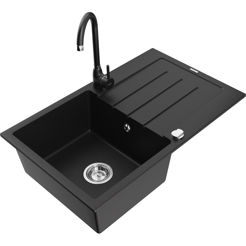 Mexen Bruno fregadero de granito de 1 seno con escurridor y grifo de cocina Telma, negro - 6513-77-670200-70
